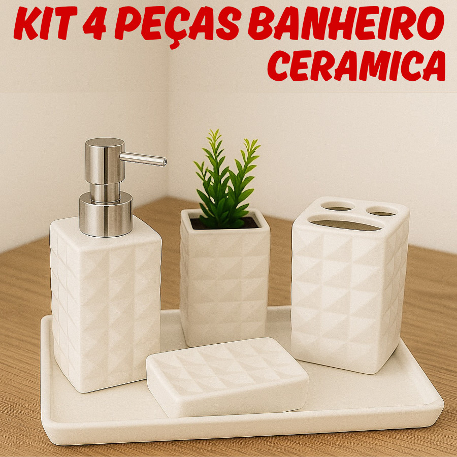 Kit Banheiro 4 Peças Saboneteira Ceramica Porta Sabonete Líquido Textura Diamante Porta Escova Dente em Oferta na Shopee