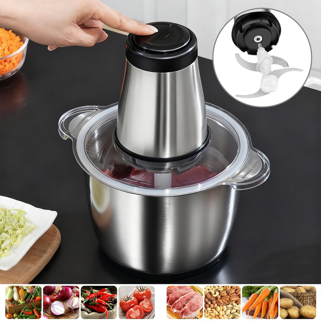 Picador De Alimentos 2LMoedor Elétrico Triturador Potente Carne Legumes Temperos  Inox 110v/220v