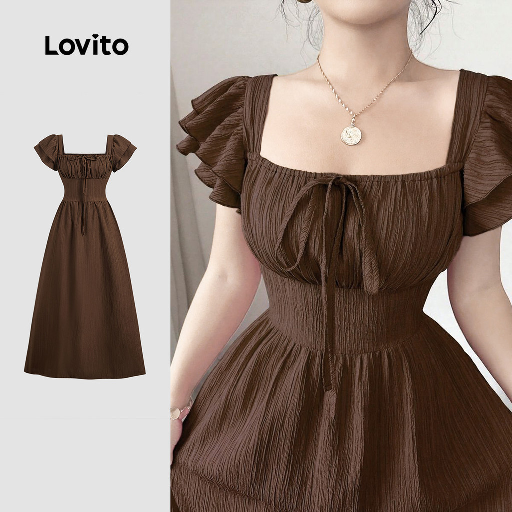 Lovito Vestido Elegante de Renda com Amarração Textura Primavera/verão Vestido Marrom para Mulheres L155AD072 em Oferta na Shopee