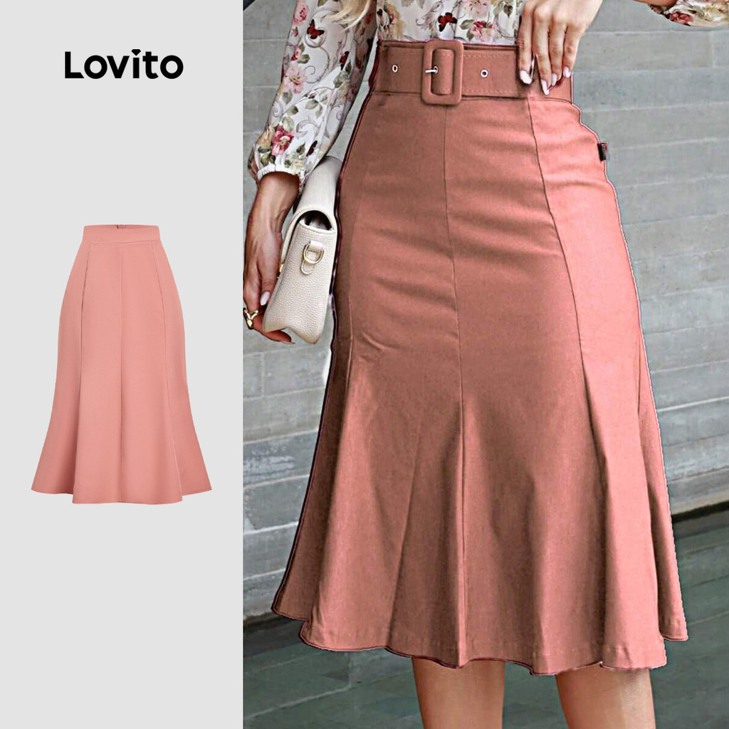 Lovito  Saias Elegantes Tecido Costura Zíper Primavera/verão Saias Rosa para Mulheres LBL32187 em Oferta na Shopee
