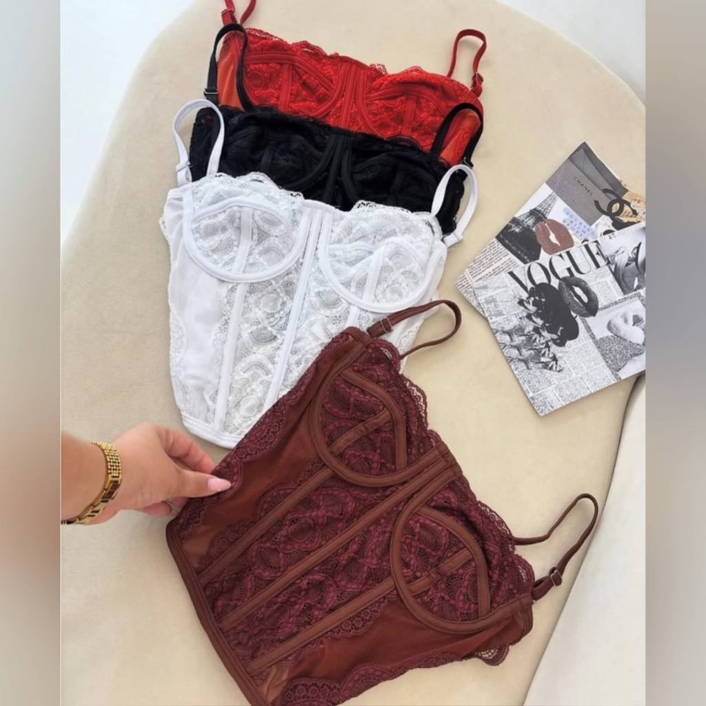 Corcelete Rendado Cropped Feminino Corset Alça Regulagem Sexy Blusa verão sensual e elegante