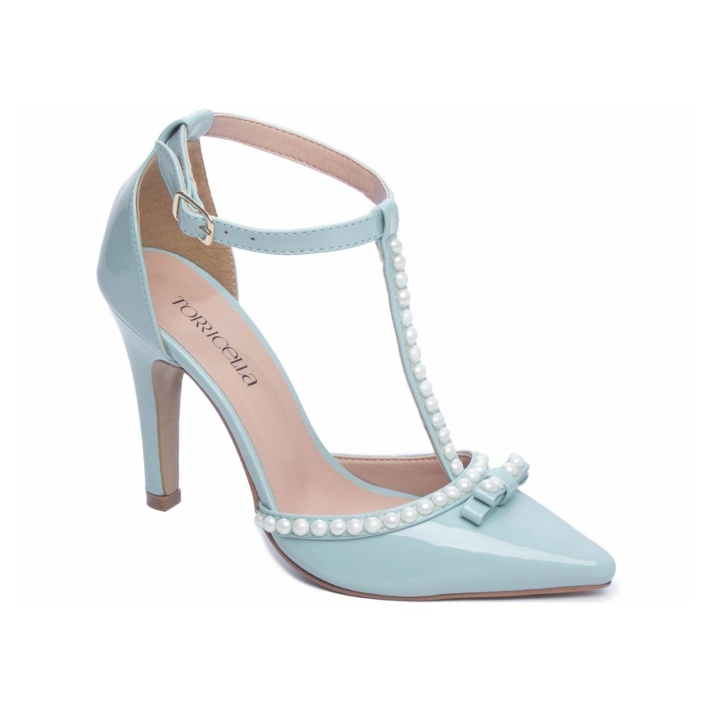 Sapato Social Feminino Scarpin Azul Verniz Com Perolas