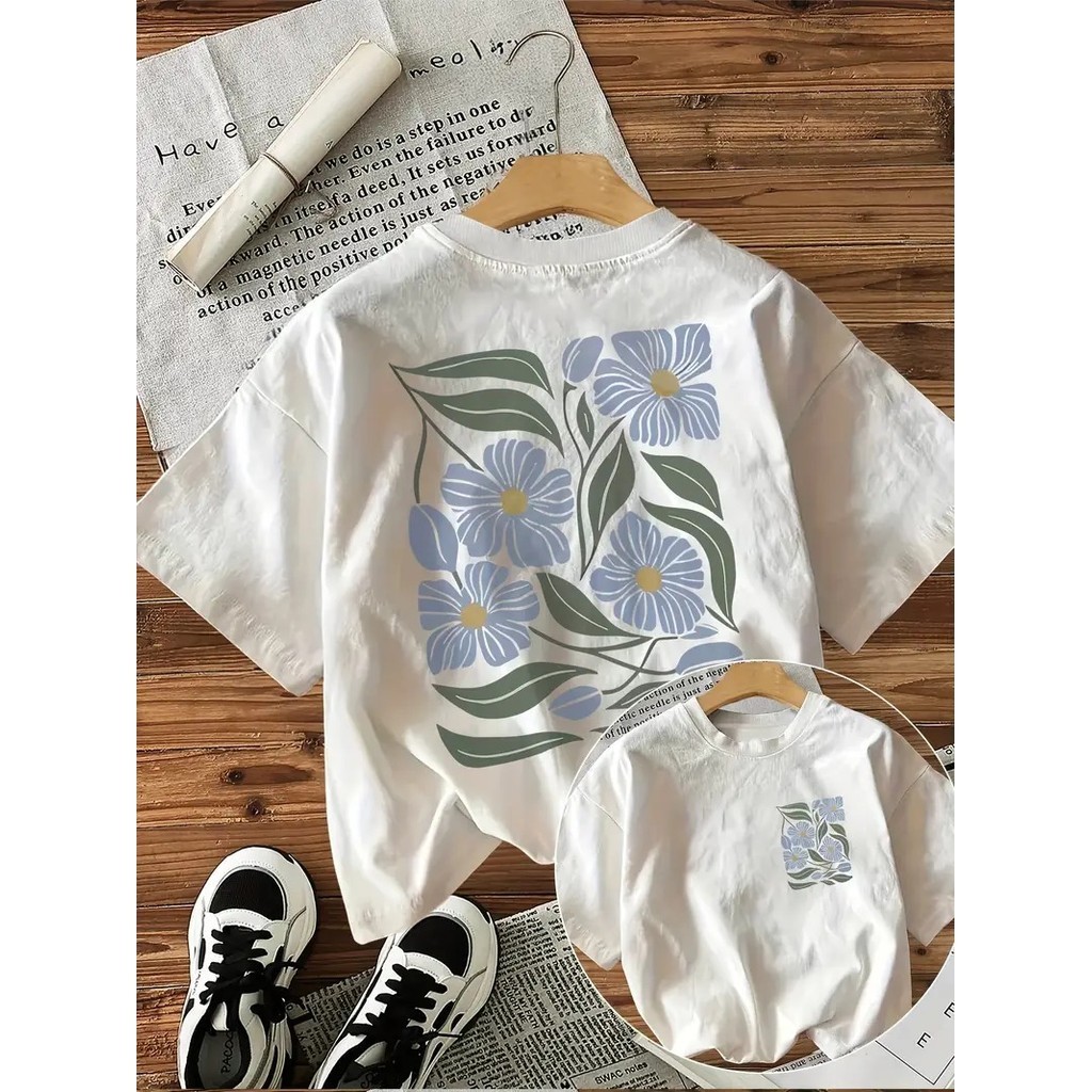 Camiseta T Shirt Feminina Estampa Floral Azul Tropical Estilosa Algodão Confortável