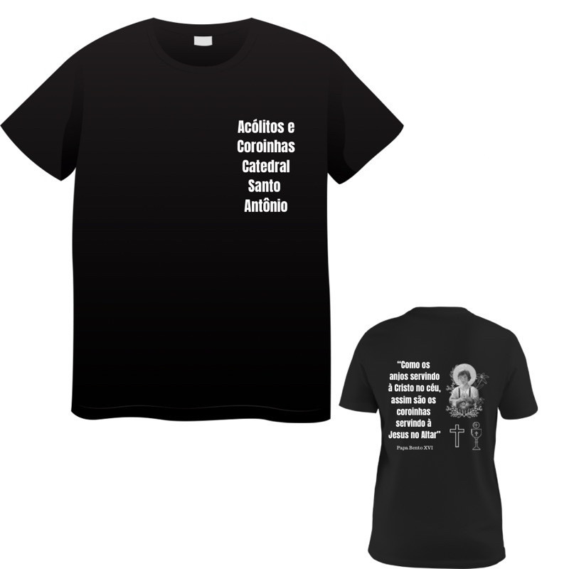 Camiseta PERSONALIZADA Algodão Acólito e Coroinha Paróquia - Frente e Costas- Infantil, Adulto e Plus s