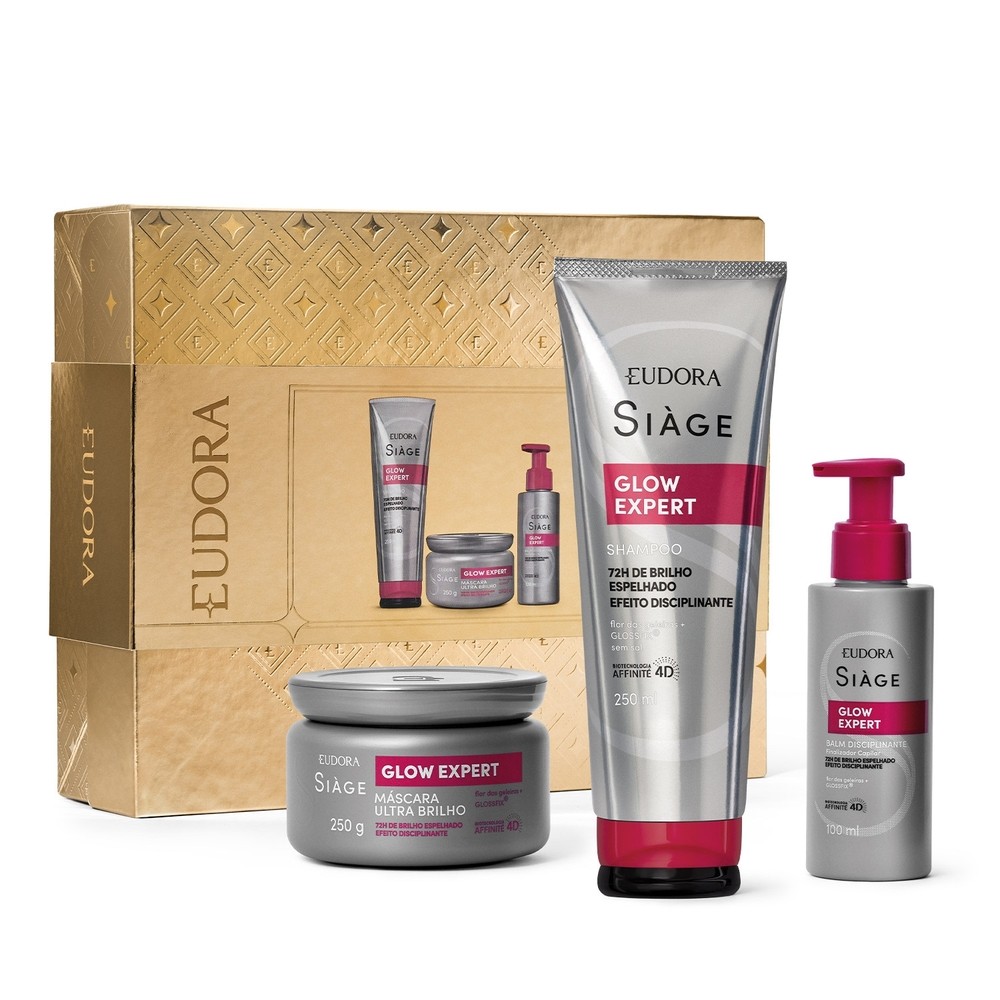 Eudora Siàge Glow Expert Kit Presente Natal:Shampoo +Máscara Capilar Ultra Brilho+Balm Disciplinante Finalizador Capilar