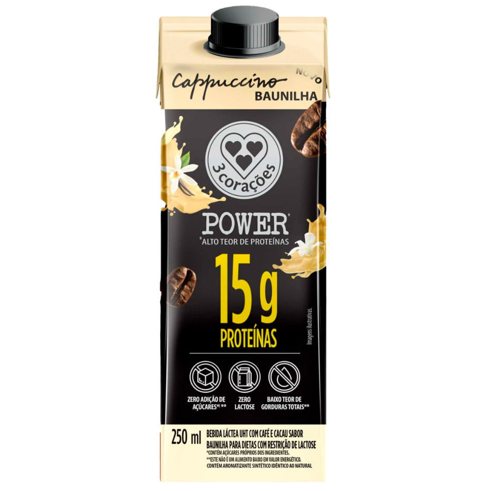 Bebida Lactea 3 Corações Power Cappuccino Baunilha 15G Proteínas 250ml