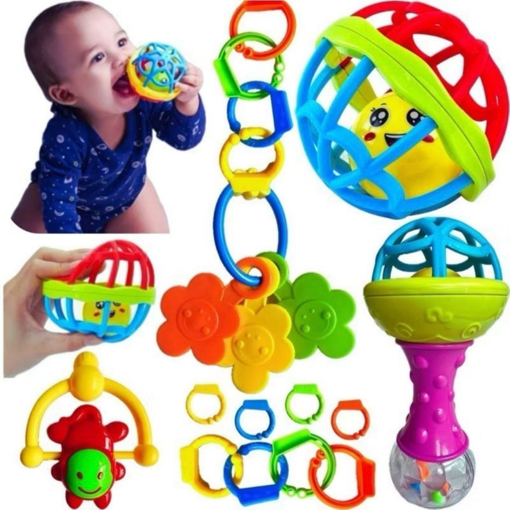 Kit 8 peças Mordedor para Bebe Sensorial Macio com Chocalho ou Kit 4 Bolinha Mordedor Silicone Baby Ball
