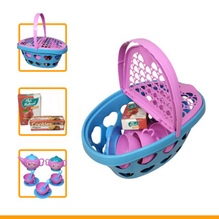 Kit Cházinho Cesta Piquenique Infantil Brinquedo Menina Rosa Xícaras Pires Colher em Oferta na Shopee
