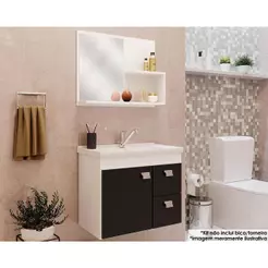 Conjunto de Banheiro Balcão Suspenso c/Cuba 55cm e Armário c/ Espelho Hortência Isa Branco/Preto - MGM