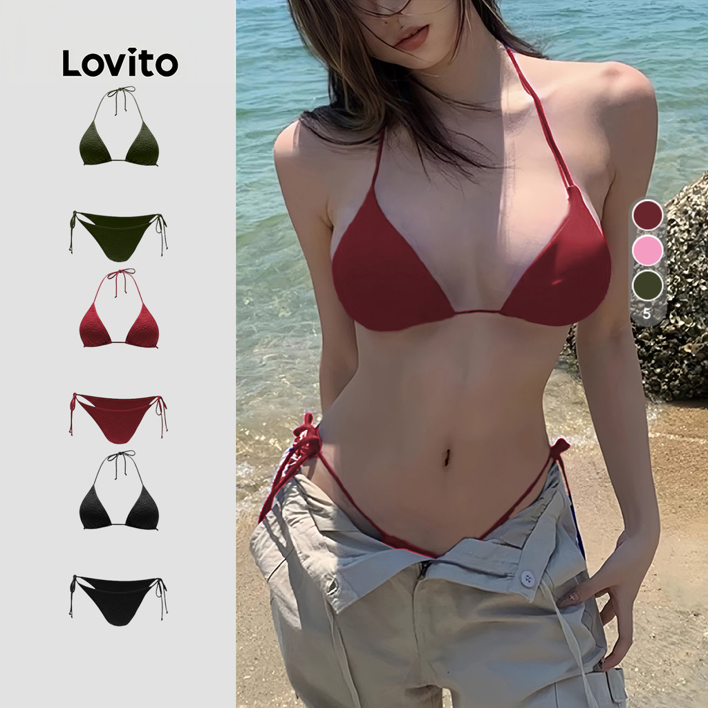 Lovito   Conjuntos de biquíni Sexy com cordão de ajuste 2 peças verde exército primavera/verão para mulheres. LNE134045 em Oferta na Shopee