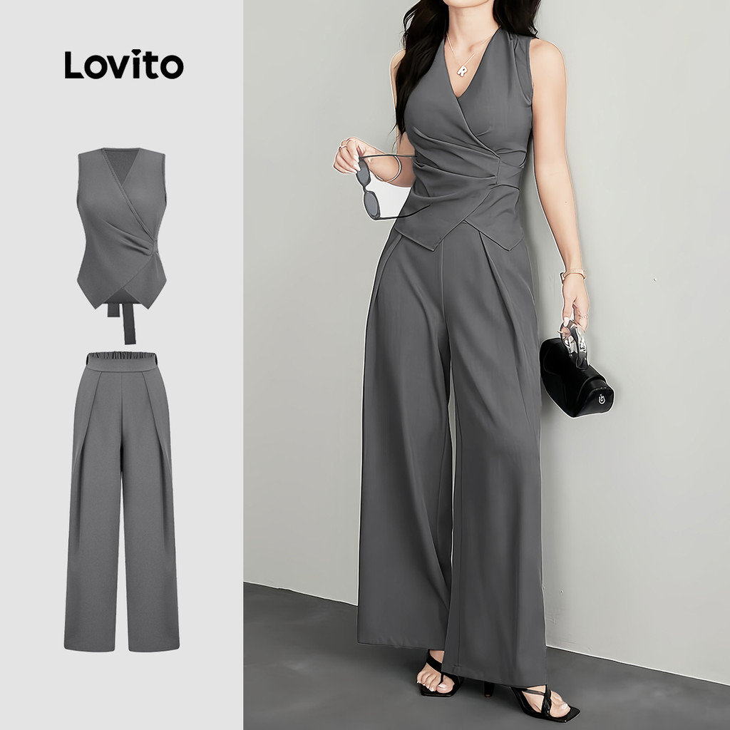 Lovito Calças Cinza de Primavera/verão com Pregas para O Dia a dia L183ED1069 em Oferta na Shopee