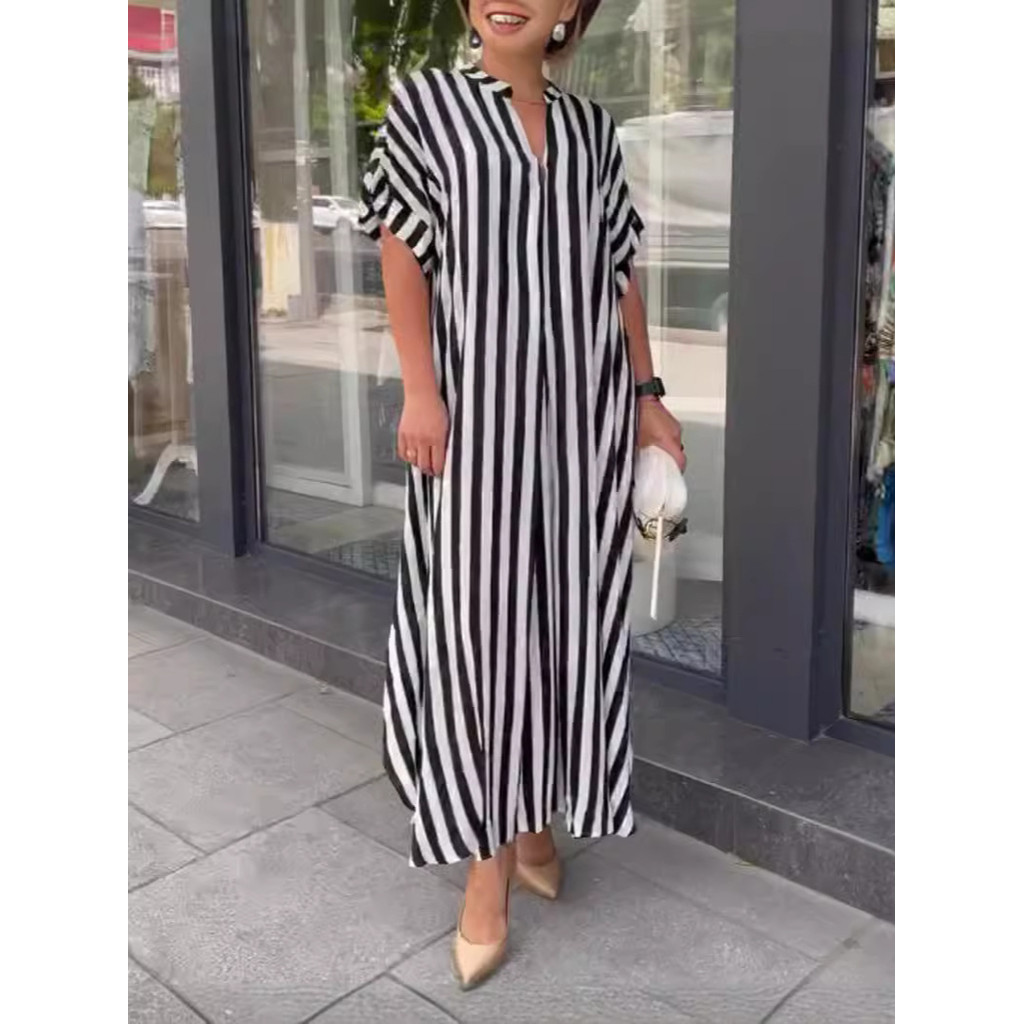 Vestido Camisa Longo Solto Casual com Estampa Listrada e Fenda para Mulheres, Primavera/Verão 2026