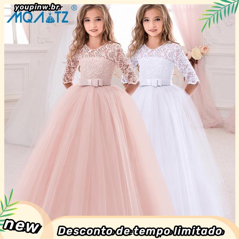 MQATZ Vestido De Noiva Rosa Branco Dama De Honra Para Meninas Vestidos Princesa De Manga Longa 3-14 Anos D0033