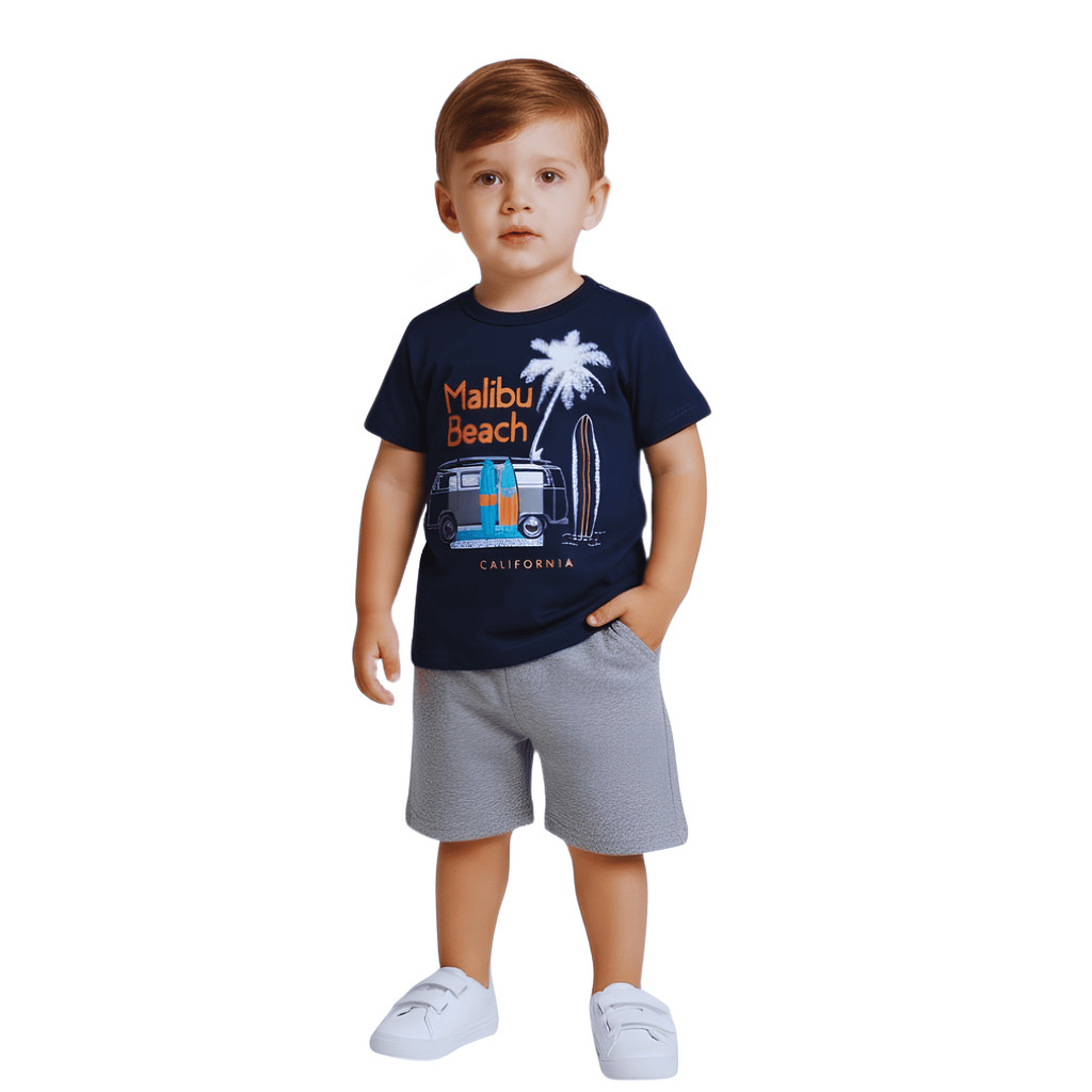 Conjunto Menino Camiseta Estampa Coqueiro Com Manga Curta E Bermuda Em Moletinho
