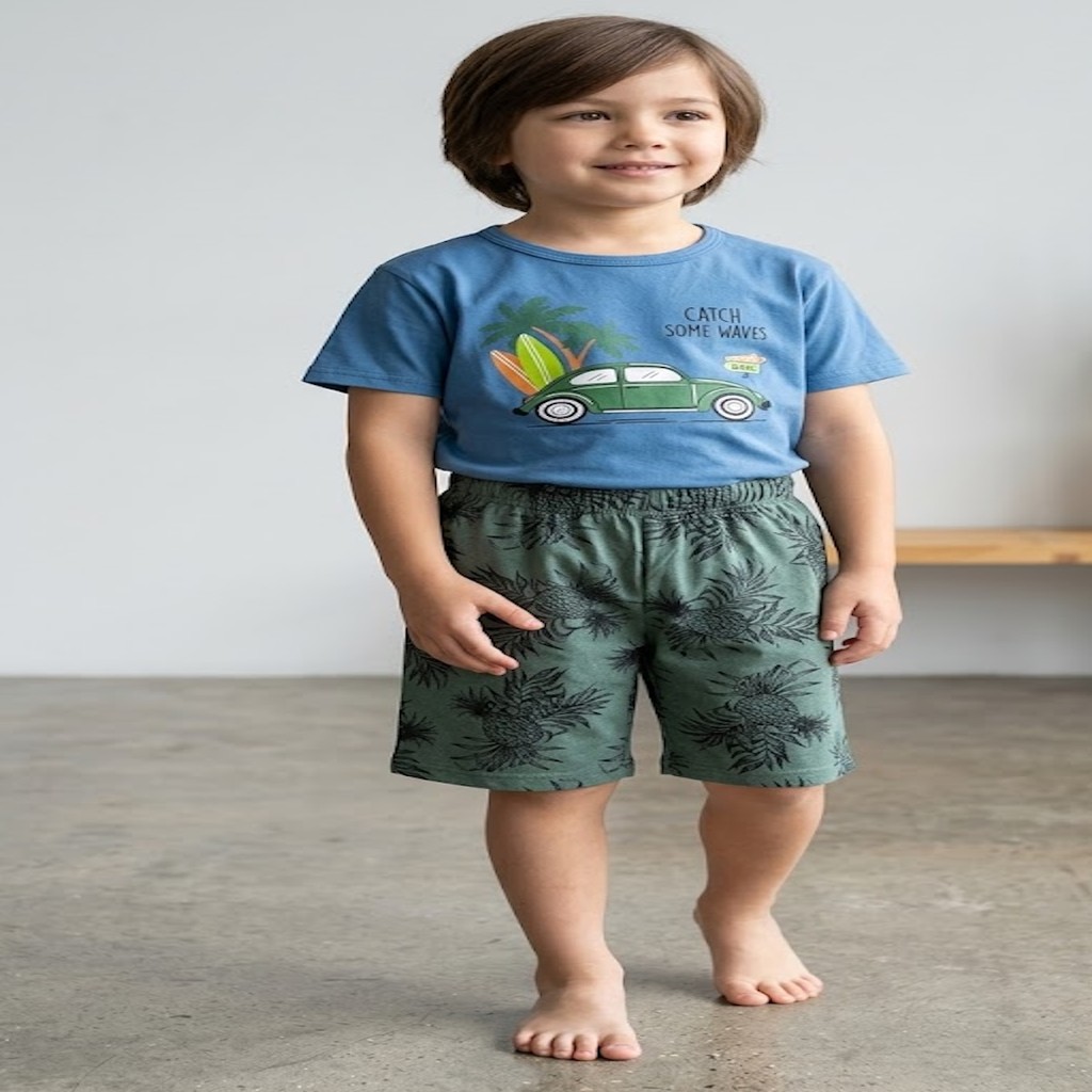Conjunto Infantil Menino PIPA Camiseta Azul  Bermuda Estampada Tropical | Roupa Infantil Confortável