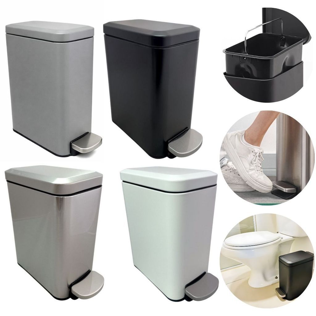 Lixeira Retangular Slim 5 Litros com Pedal Inox Branco Preto Cozinha Banheiro Apartamento Globalmix