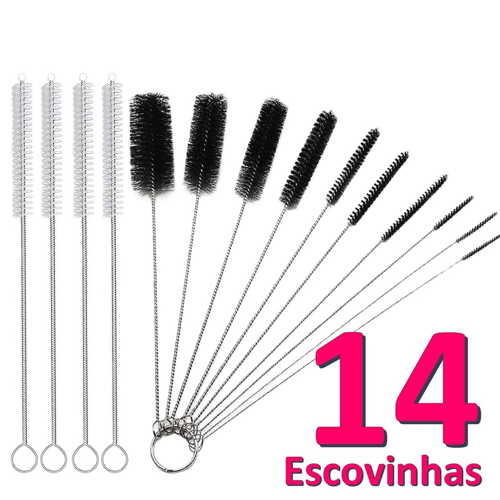 Escova De Limpeza De Canudos E Cantos 14 Unidades Cerdas Nylon Preta Inox Multiuso em Oferta na Shopee
