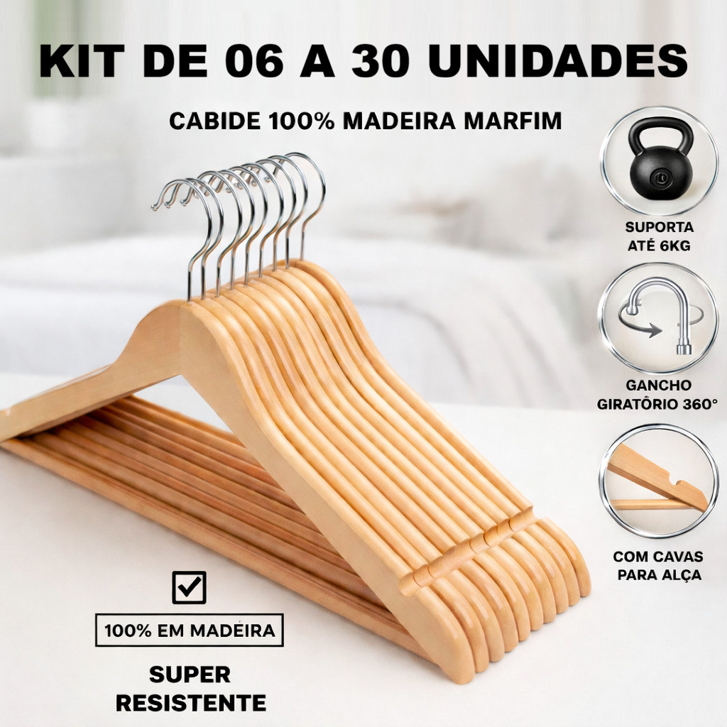 Kit 6 a 30 Cabides Madeira Premium Marfim Roupas Calca Gancho Cromado Antideslizante Duravel