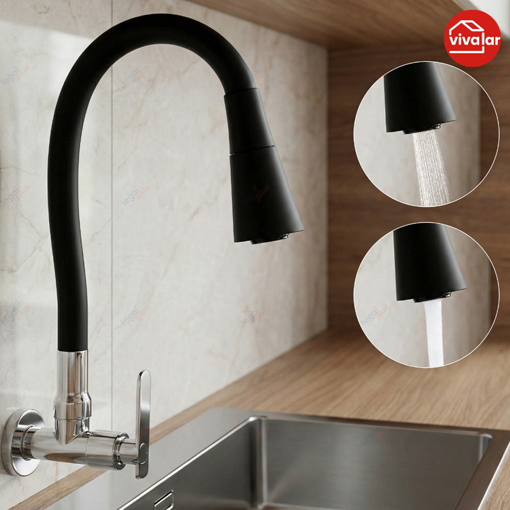 Torneira Cozinha Preta Parede Flexível Duplo Jato Cone 1/4 Volta