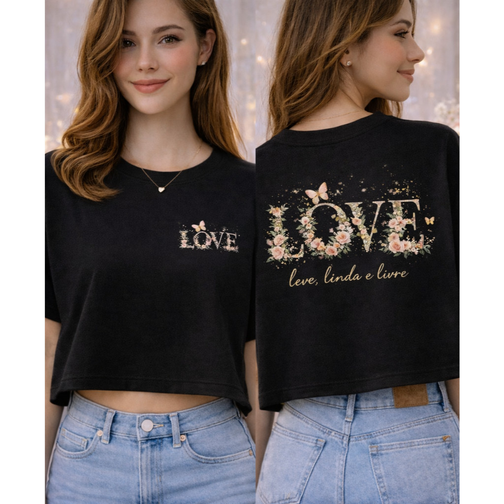Cropped OverSized Estampado Frente E Costa Feminina Verão Tendencia Lançamento Algodão 30.1 Moda Feminino Love Blusa