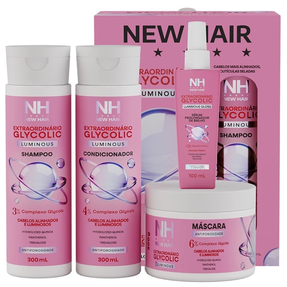 Kit Capilar Extraordinário Glycolic 3% - Shampoo, Condicionador, Máscara e Sérum New Hair