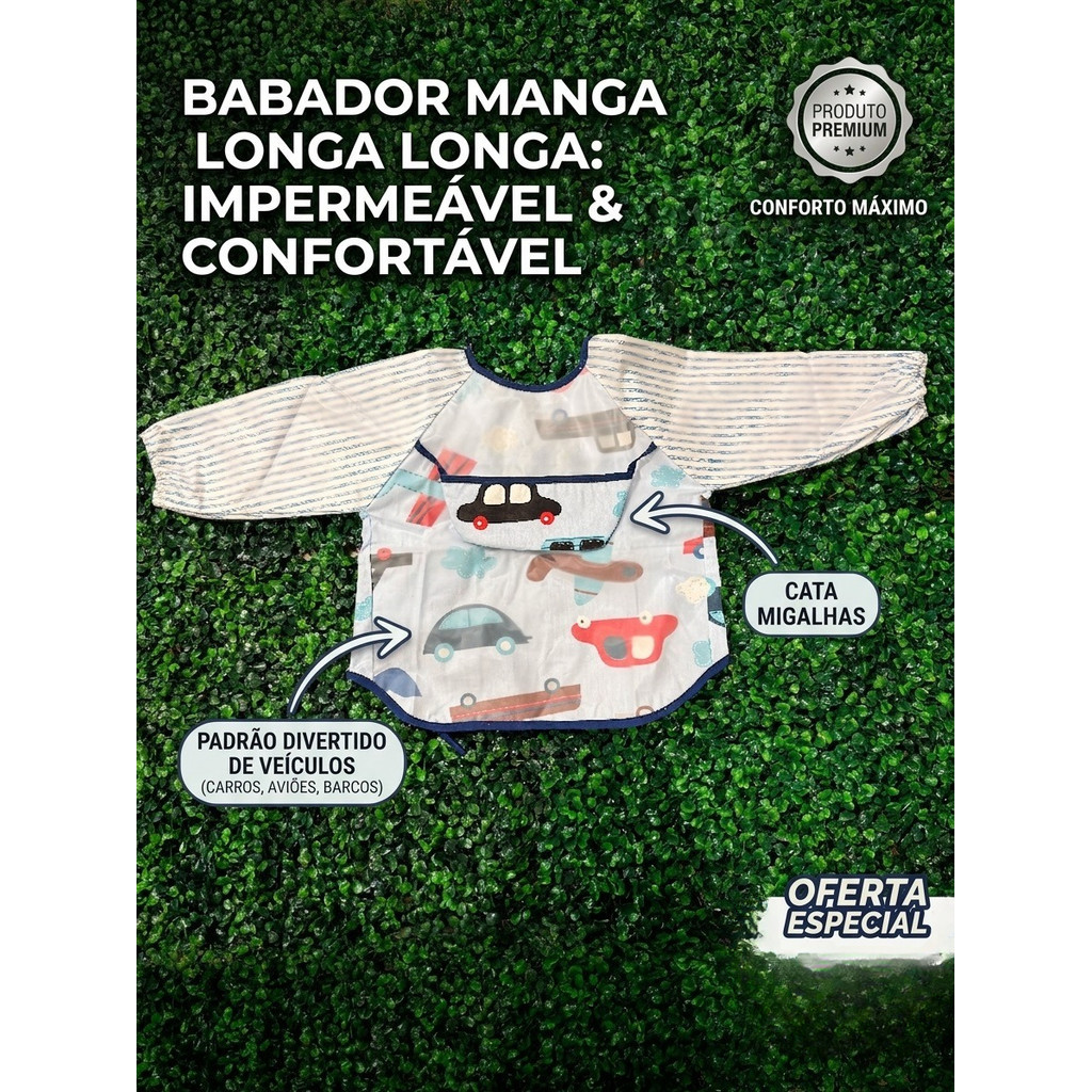 Babador Manga Longa Impermeável Com Cata Migalhas Antisujeira - 2 meses a 2 anos