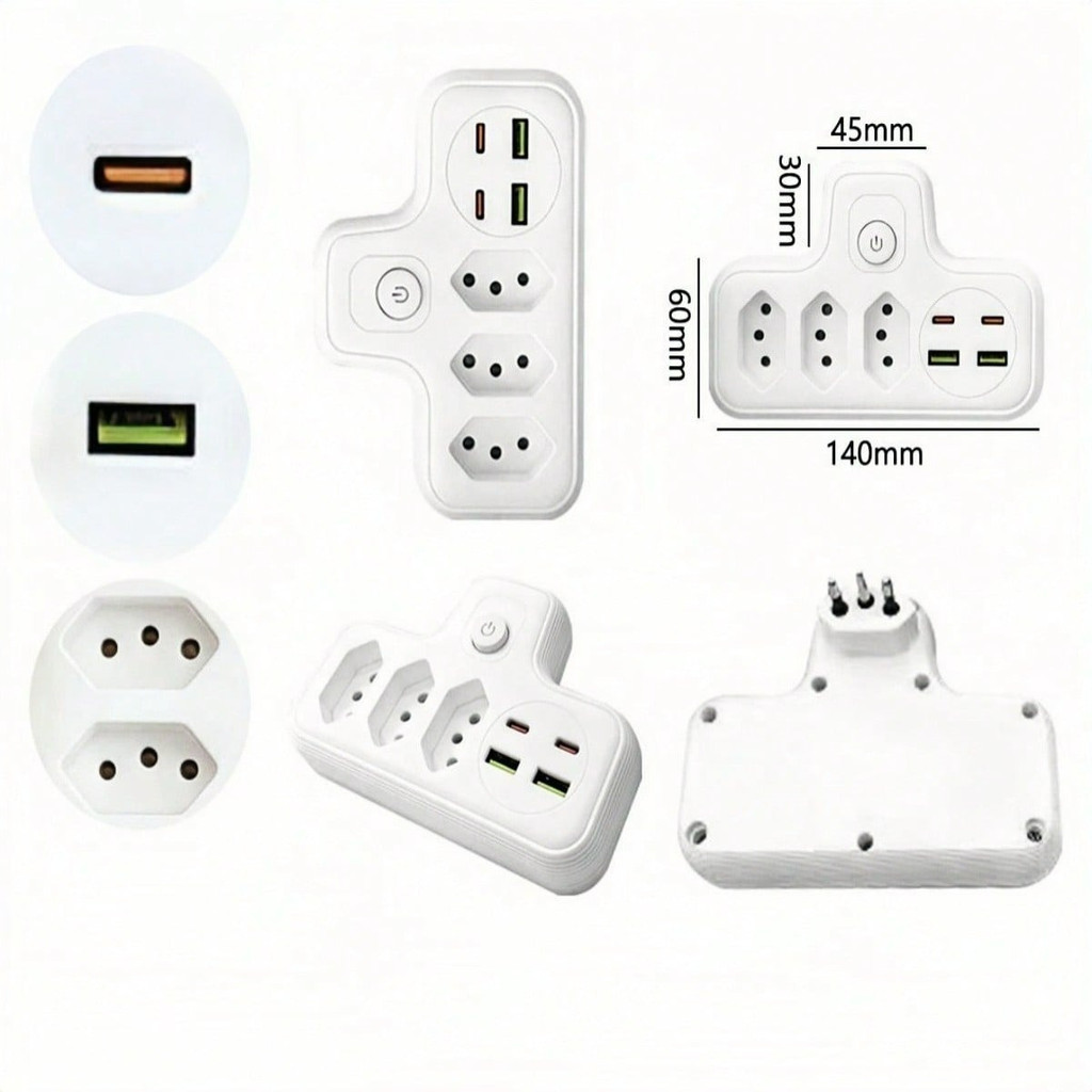 Adaptador de Tomada 7 em 1 2500W 10A  3 Tomadas + 4 USB (C e A) – 2500W Bivolt P.HQ