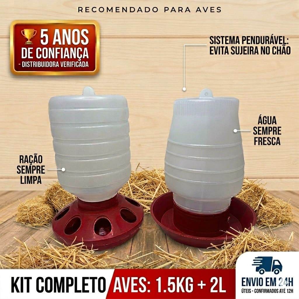 Kit Bebedouro e Comedouro Automático para Galinhas e Aves Pendurável - 1.5Kg e 2L - Pronta Entrega