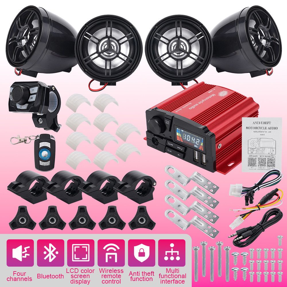 12V 4 Canais À Prova Dwaterproof Água Motocicleta Bluetooth Áudio Tela LCD Mãos-Livres Duplo Remoto Anti-Roubo Carregame