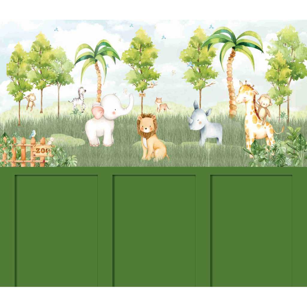 Papel de Parede Safari Verde + Efeito Ripado + Nome Quarto de Bebê PAREDE TODA  Personalizado