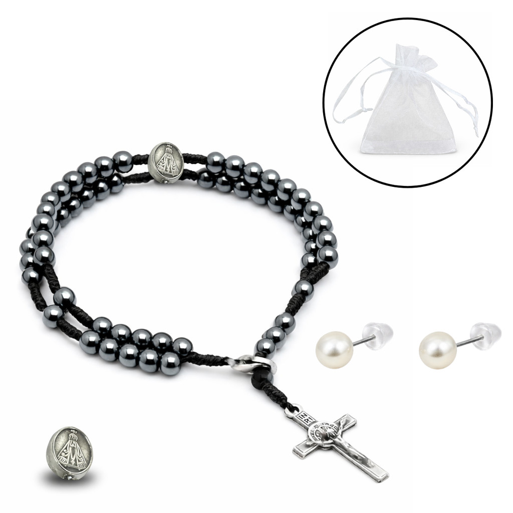Kit Presente Religioso Pulseira Religiosa Terço de Pulso Hematita Nossa Senhora Aparecida