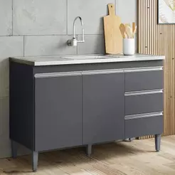Balcão de Cozinha Com Pia Inox 100cm 3 Gavetas Andréia Cinza - AJL Móveis