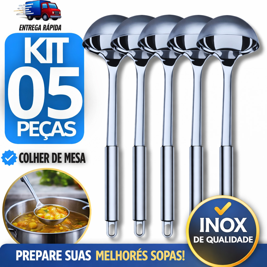 Jogo 5 Conchas de Inox – Resistente, Modernas e com Brilho Inox para Servir Sopas e Molhos Conchas