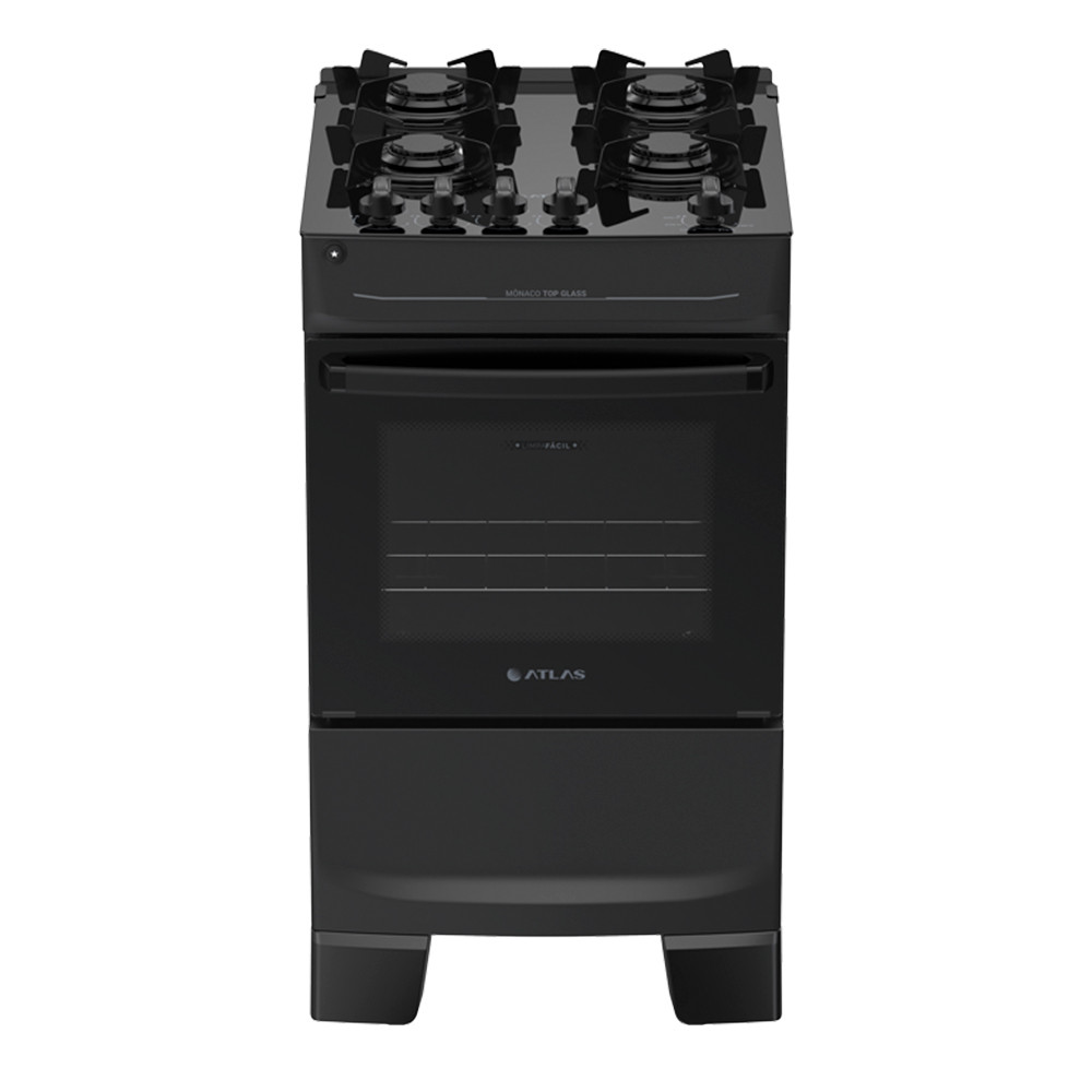 Fogão 4 Bocas à Gás Atlas Mônaco Top Glass Acendimento Automático e Mesa de Vidro Preto Bivolt