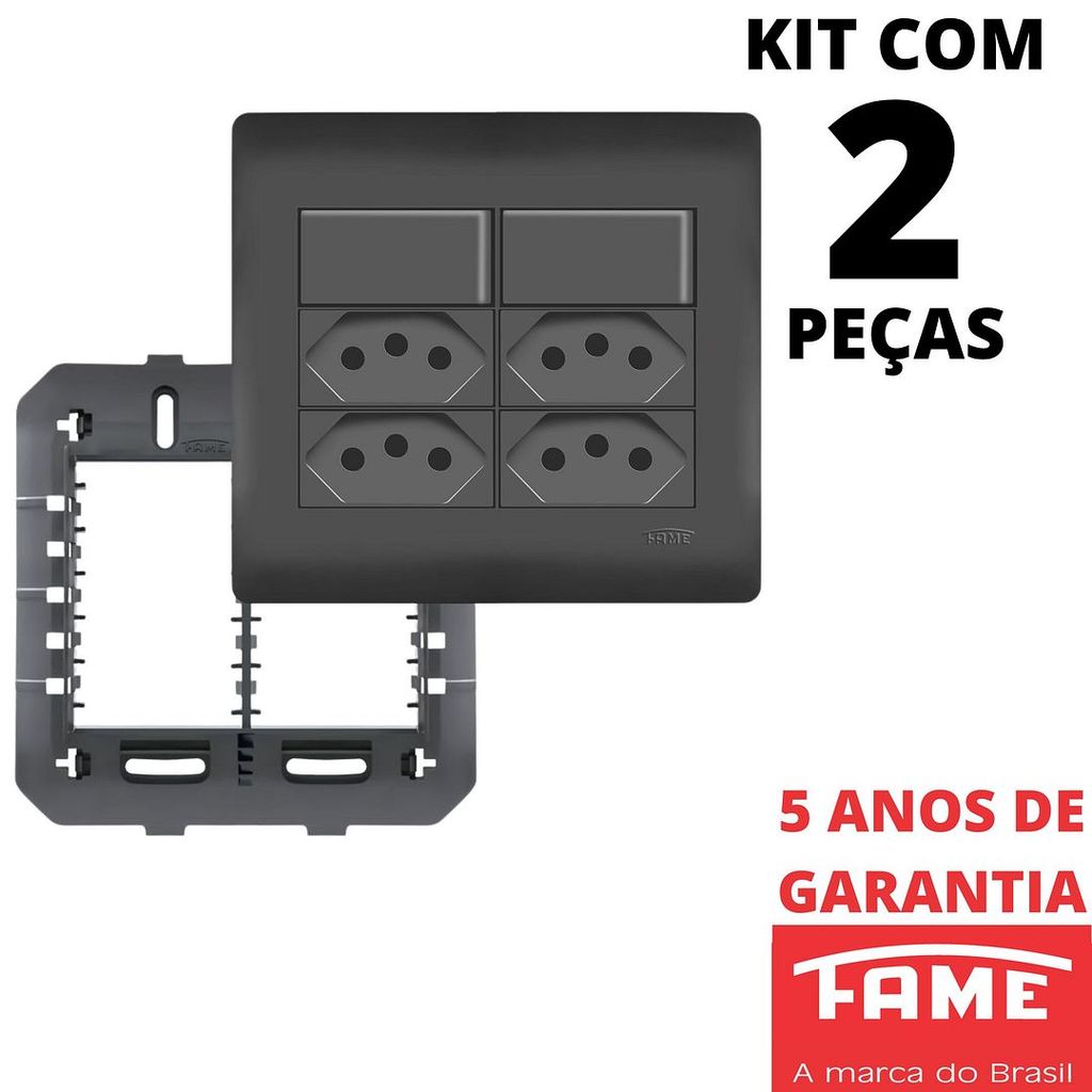 2un Interruptor Paralelo Three Way 10A 2 Teclas Tomada Padrão Quadrupla 2P+T 20A Com Placa 4X4 Habitat Black Preto FAME