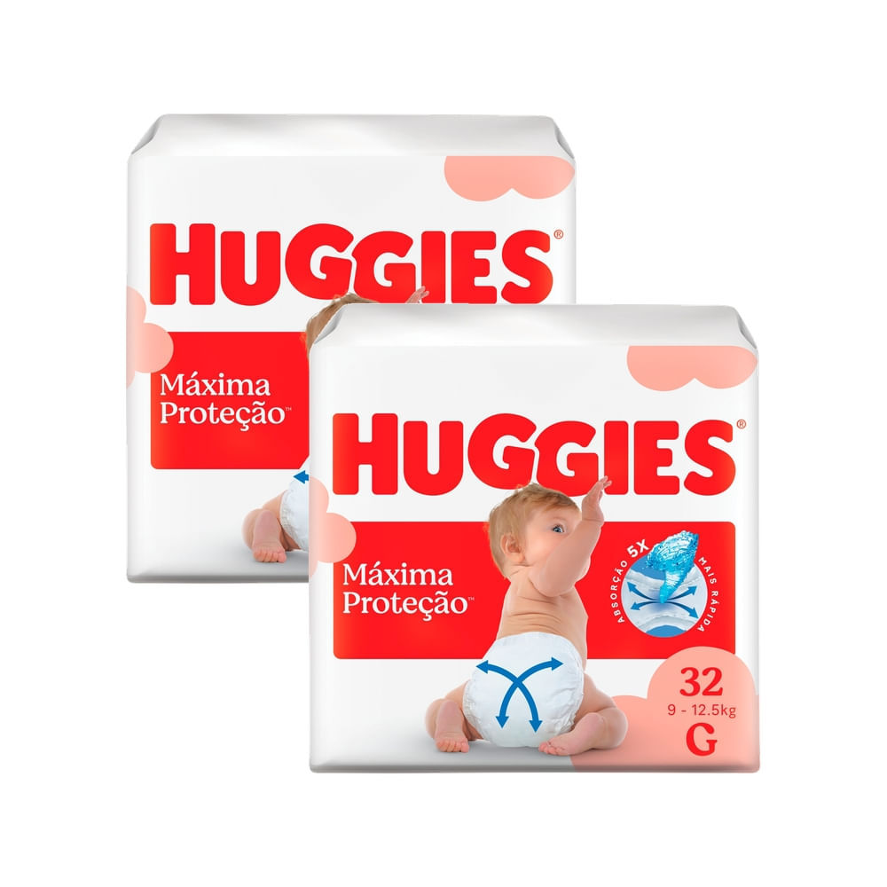 Kit 2 Fralda Huggies Máxima Proteção Tamanho G Mega 32 Unidades Descartáveis em Oferta na Shopee