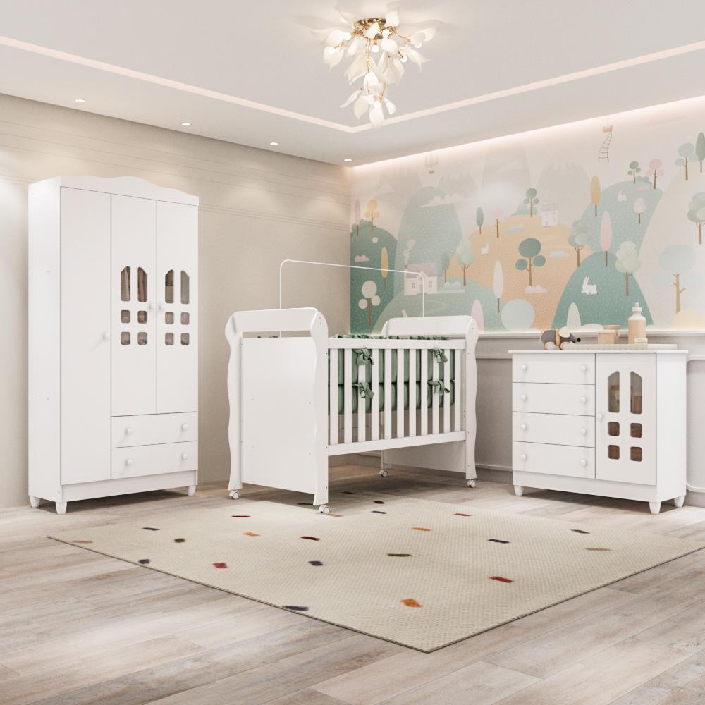 Quarto Bebê Completo Berço Americano 3Em1 Mirelle Guarda Roupa 3 Portas Cômoda Infantil 100% MDF