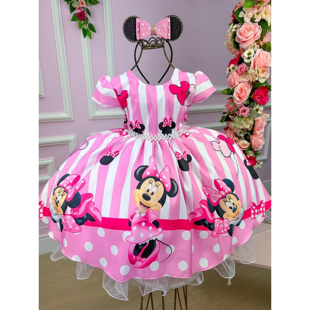 Vestido Infantil Menina Temático Minnie/Minie Rosa Bebe Luxo Festa Aniversario Desenho