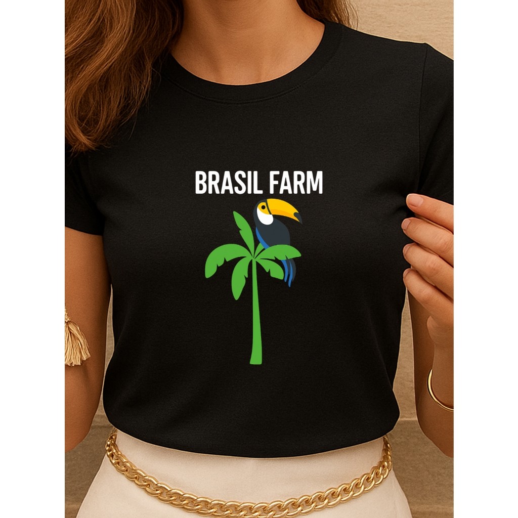 Blusa Feminina Baby look Frase Brasil Tropical Farm Tucano 100% Algodão Confortável