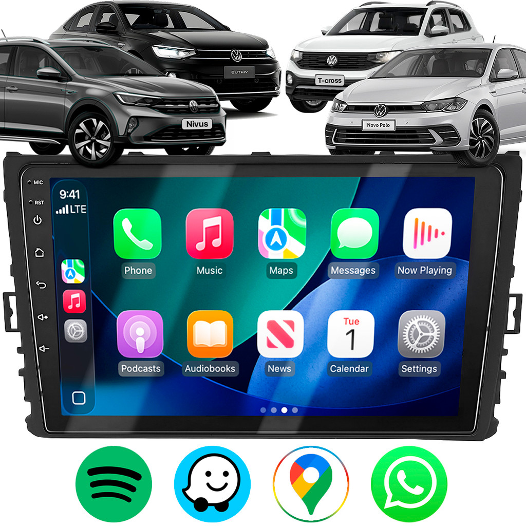 Kit Multimidia H-Tech 9 Pol Carplay Android Auto + Moldura 2 Din Vw Novo Polo Virtus T-Cross Nivus