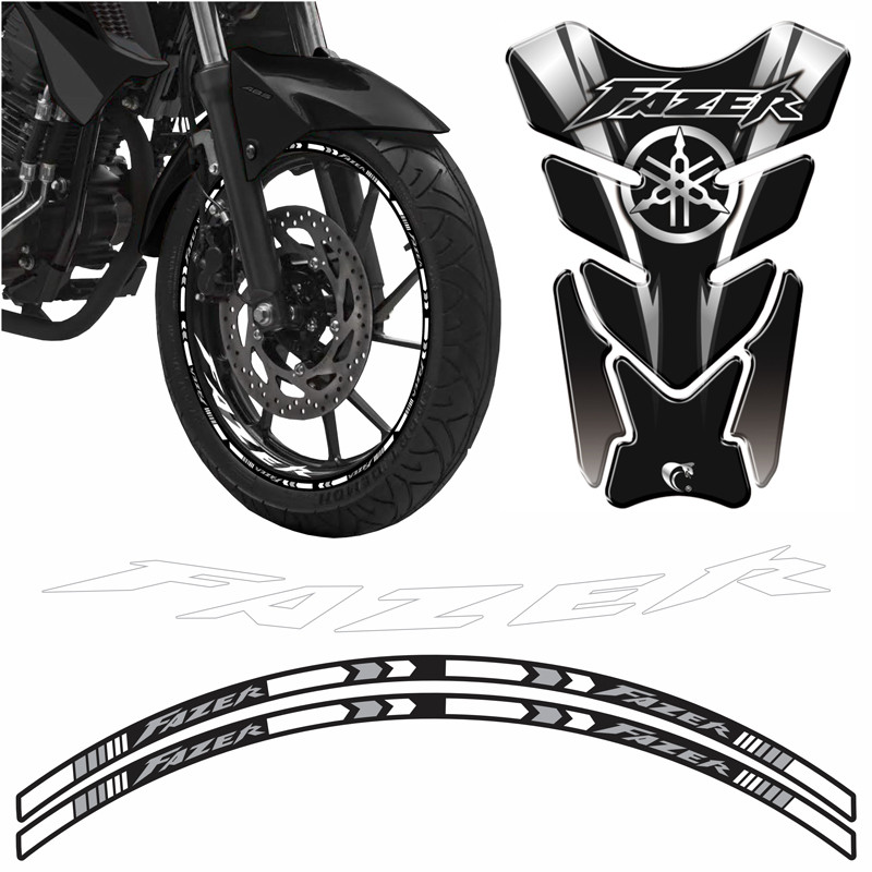 Combo Protetor Adesivo Tanque E Aro Moto Yamaha Fazer Prata/Preto