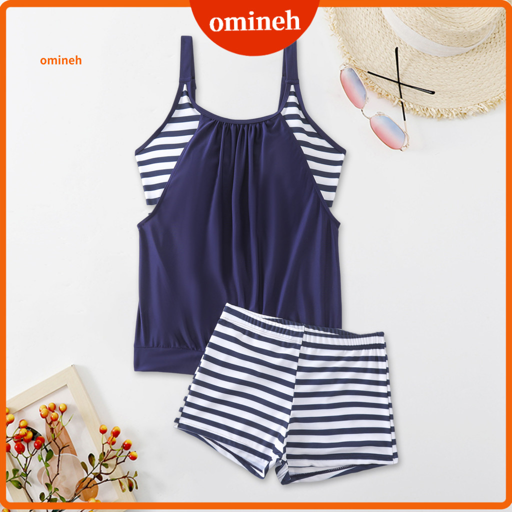 Maiô Com Controle De Barriga , Plus size , Estampa Listrada , 2 Peças , Conjunto Feminino , Colete Almofadas No Peito , Shorts De Cintura Elástica , Secagem Rápida