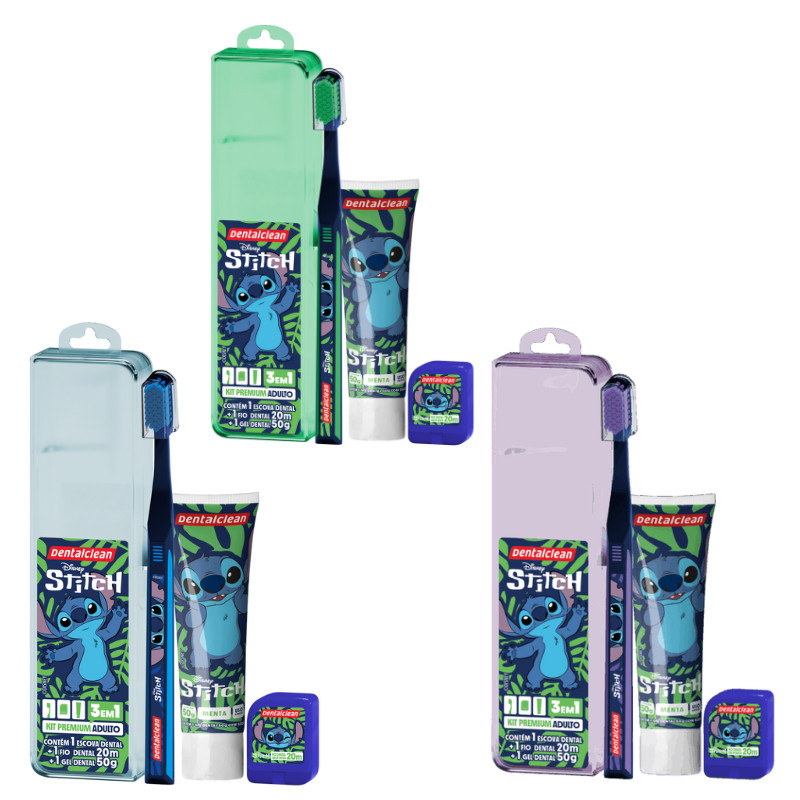 Kit Premium Stitch Adulto com Escova de Dente + Fio Dental 25m + Gel dental 50g - Dentalclean em Oferta na Shopee