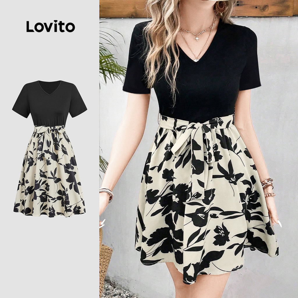 Lovito  Vestido Boho com Cinto Costura em Tecido Plissado Vestido Primavera/verão para Mulheres L171ED224 em Oferta na Shopee