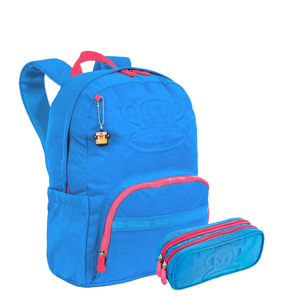 Kit Mochila Grande 2 Compartimentos mais Estojo 2 Compartimentos Paul Frank Classics Azul - Aquamarine