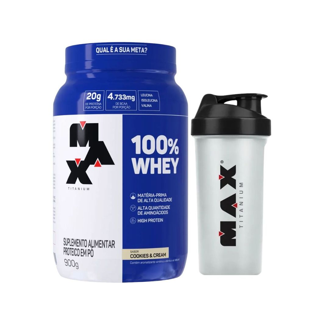 Whey Protein Concentrado Cookies & Cream Pote 900g Mix + Coqueteleira 700ml Max Titanium