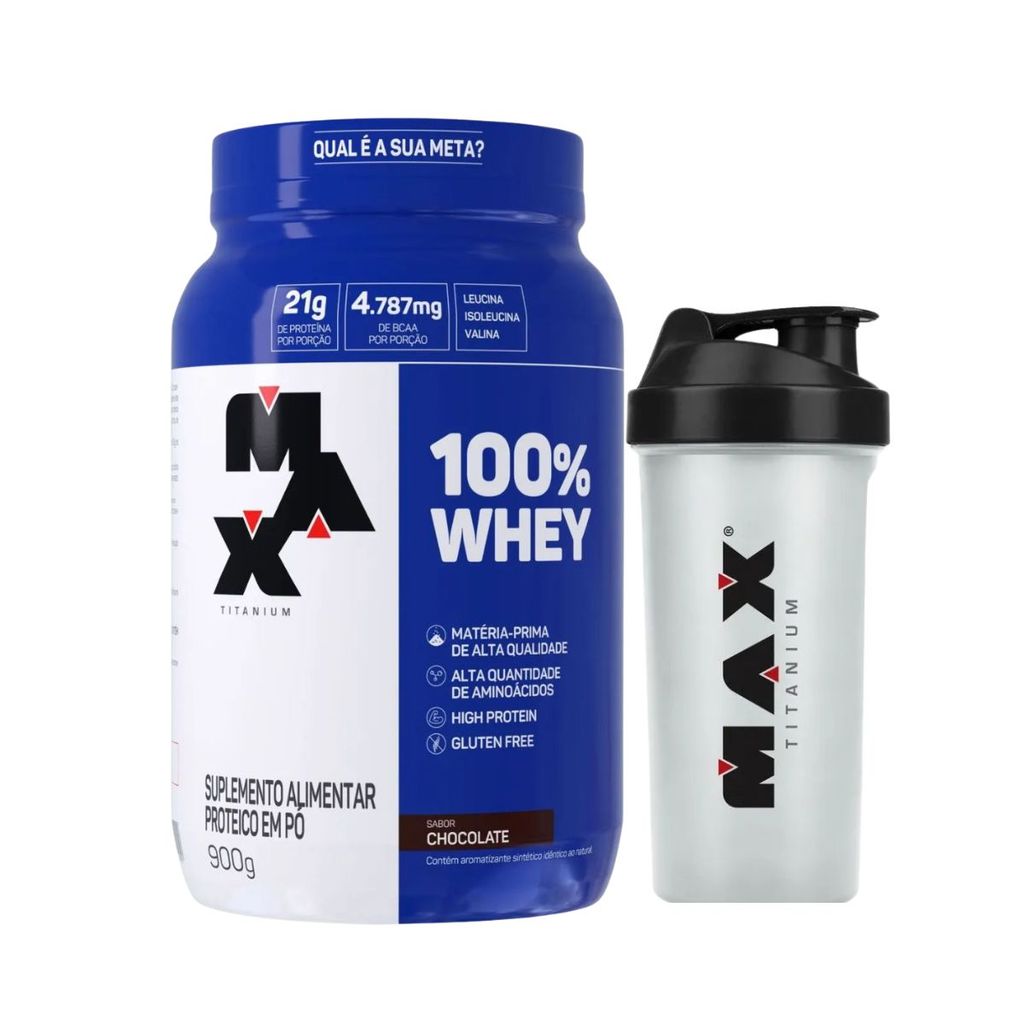 Whey Protein Concentrado Chocolate Pote 900g Mix + Coqueteleira 700ml Max Titanium