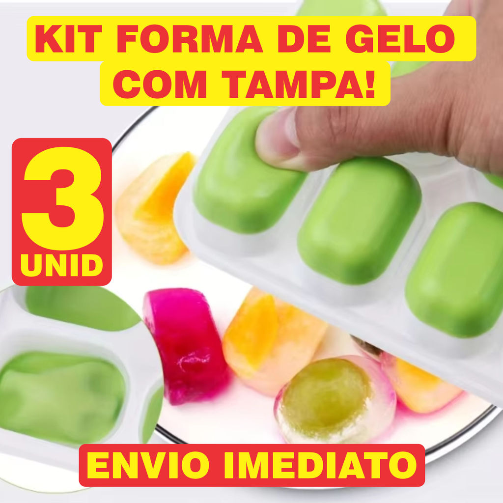 Kit até 3 Formas de Gelo Silicone Flexível Com Tampa Rígida Fundo Retangular 14 Cubos Multiuso Lavável