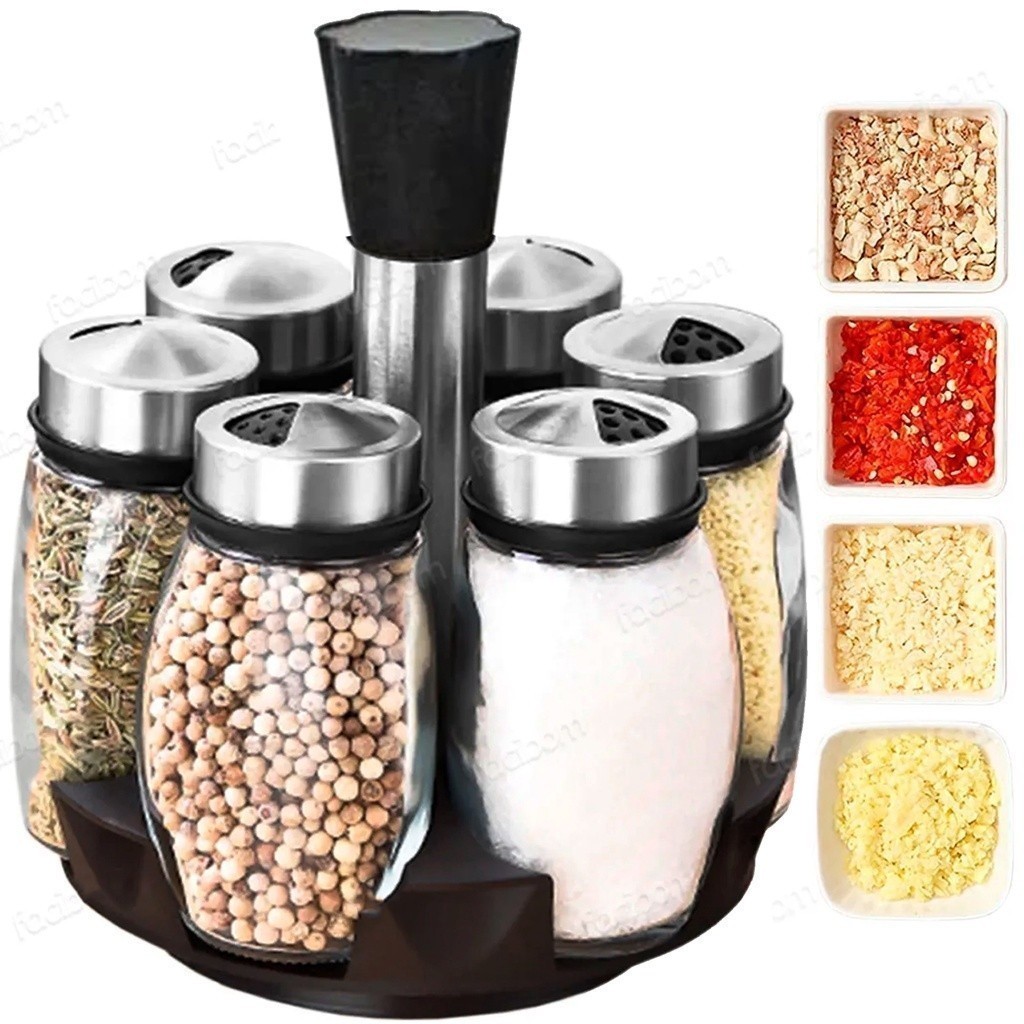 Porta Condimentos Giratório/Tempero Cozinha - Suporte com 6 Potes em Vidro + Suporte- 4 diferente furos de passagem em Oferta na Shopee