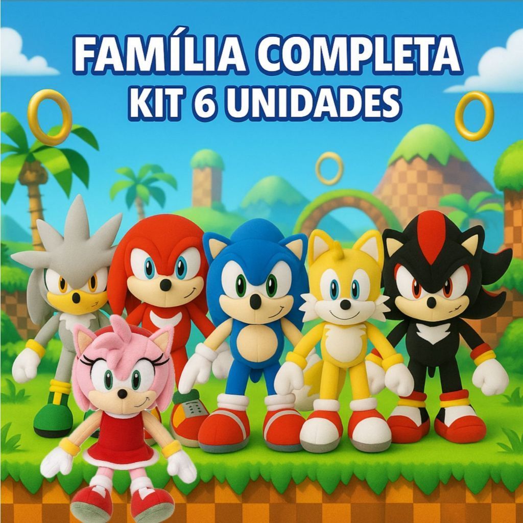 KIT 6 Pelucia 50CM Sonic Tails Amy Shadow Knuckles Silver Menino Urso de pelúcias Brinquedo Boneco b
